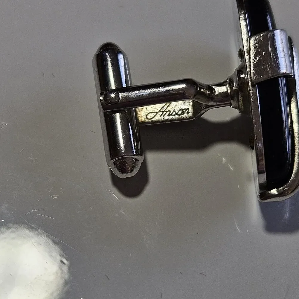 Vintage Anson Silver Tone Black Stone Cufflinks IOB